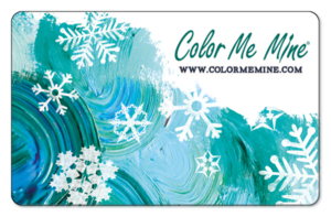 Color Me Mine logo on a white background with blue and green brushstrokes featuring snowflakes